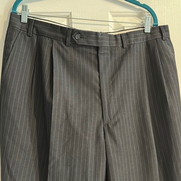 Oscar De La Renta Mens 100% Wool Pleated Pinstripe Cuffed Dress Pants 36W Grey - Picture 2 of 12